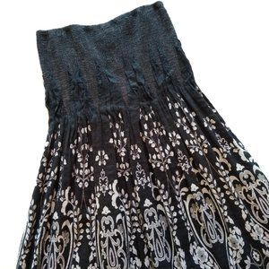 Smocked top strapless flower/scroll patterned midi dress/skirt--Black&gray sz L